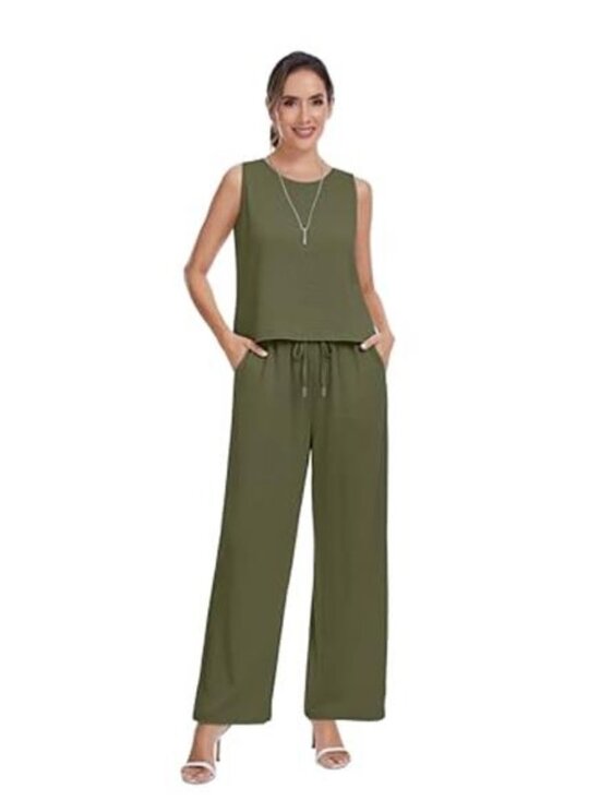 Women's Summer Two Piece Set Button Back Tank Top Flowy Beach Pants - Picture 2 of 7